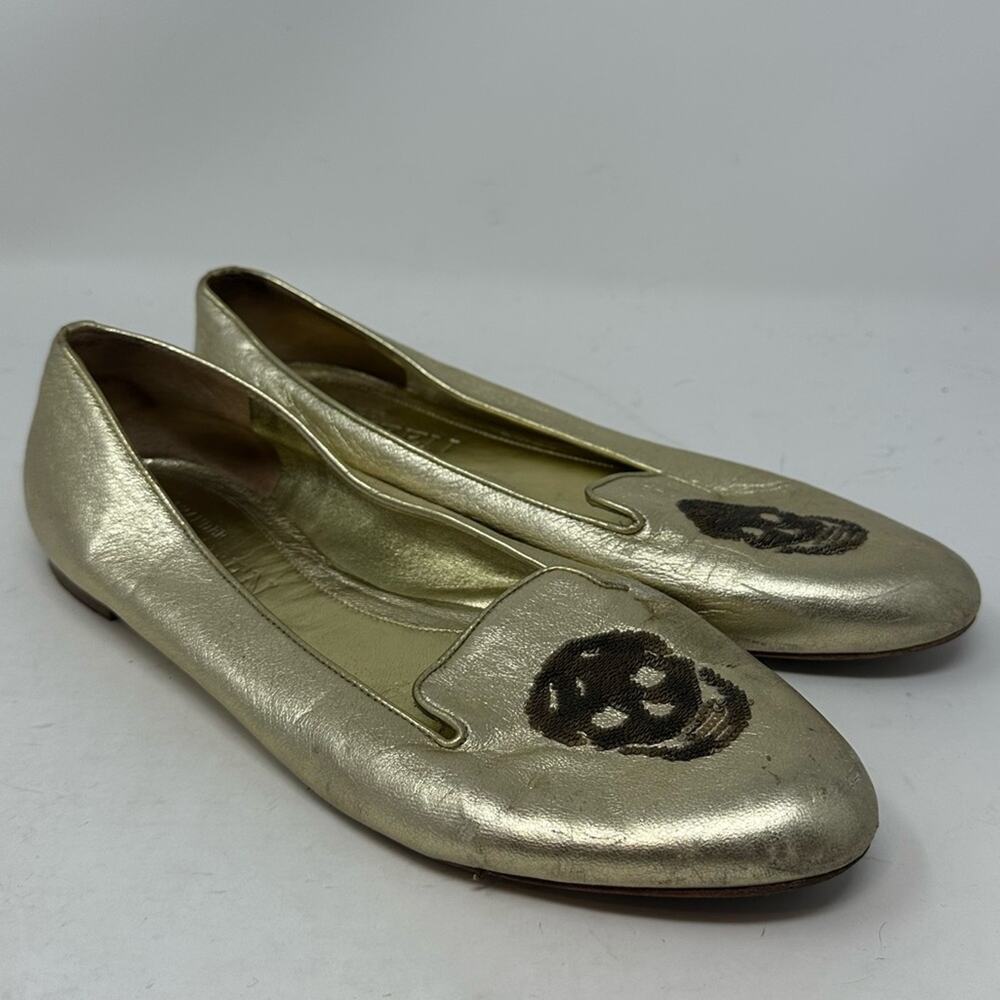 Alexander McQueen Skull Logo Gold Metallic Leather Loafers Shoes Size 38 8 Women